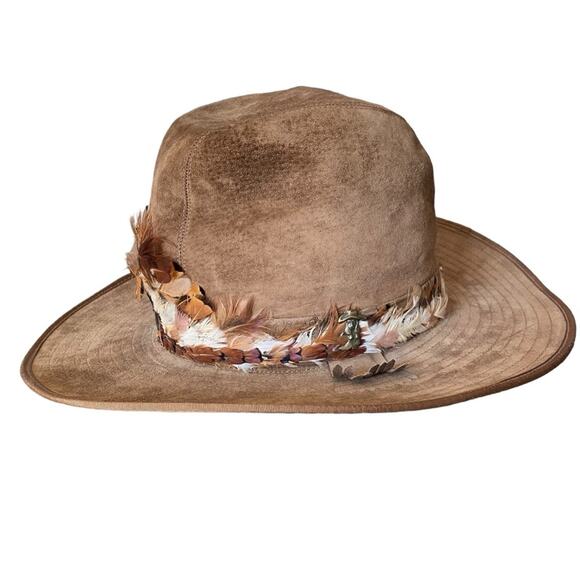 Vintage Hush Puppies Brown Suede Feather Trim Mens Hat size 7 1/4 - Picture 2 of 12